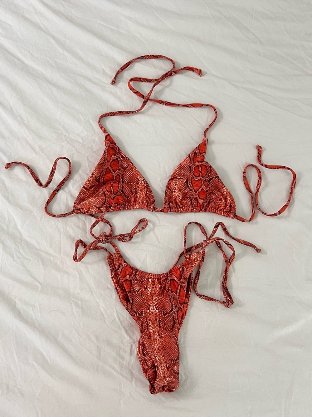 Red Snake-Print Triangle Bikini Top & Tie-Side Bottoms